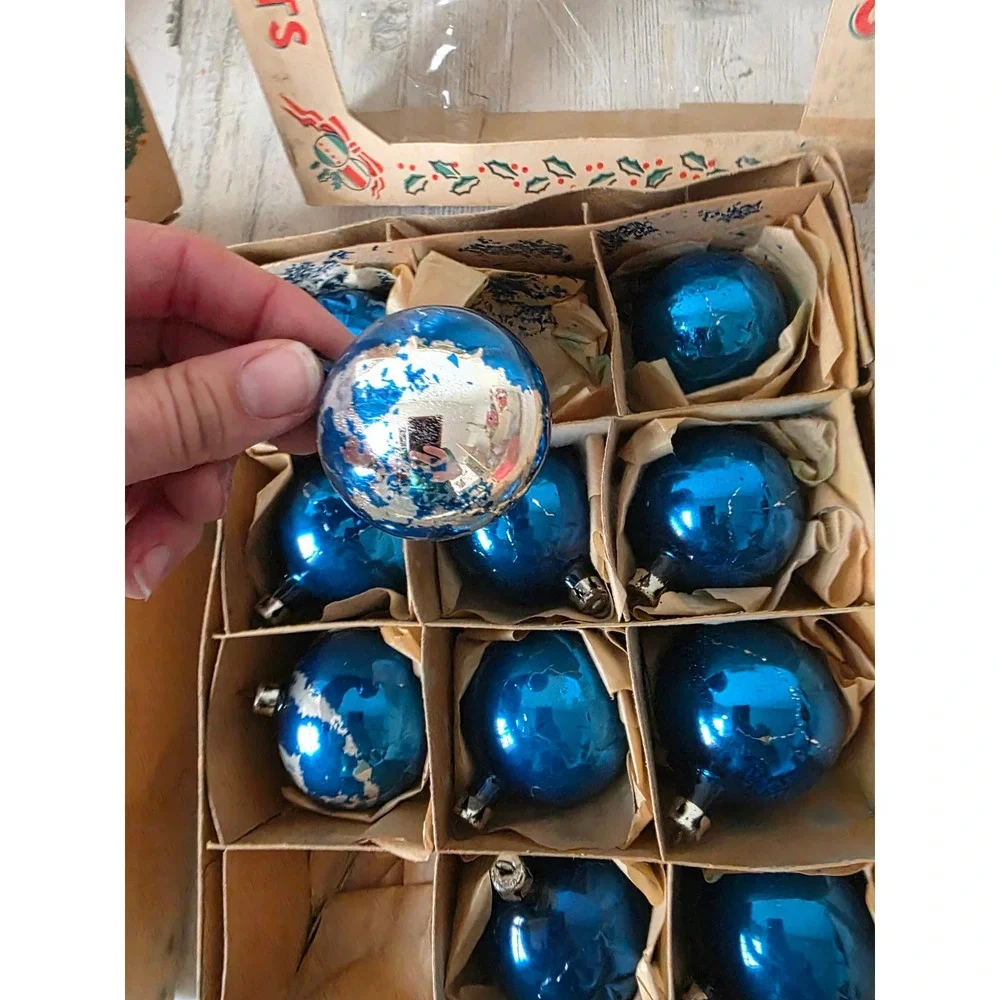 Vintage poland blue solid glass ornament Mercury Xmas tree box set as is